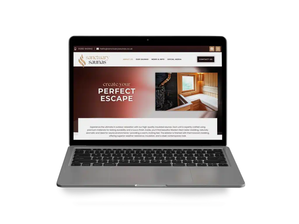 New Website Design - Sanctuary Saunas 3 front shot mockup of a macbook on a solid color surface 22362